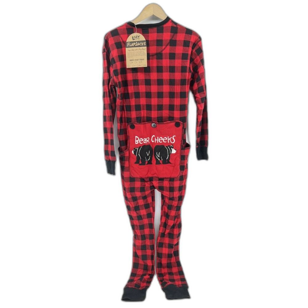 Lazy One Flapjack Onesie Unisex M Red Plaid Bear Cheeks Christmas Pajamas Suit
